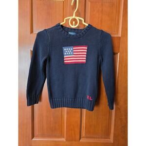 Polo Ralph Lauren Youth Crewneck Flag Knit Sweater Size 7 Navy Blue 100% Cotton